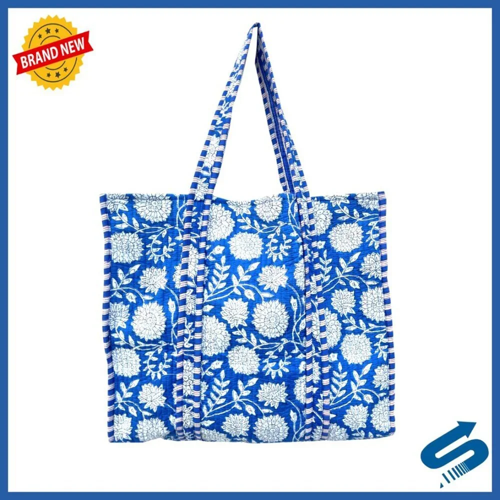 Large Quilted Cotton Reversible Tote Bag Hand Block Print Shoulder Bag
